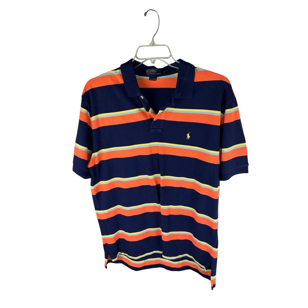 Polo Ralph Lauren Mens Large Striped Short Sleeve Pique Polo Shirt Navy Orange